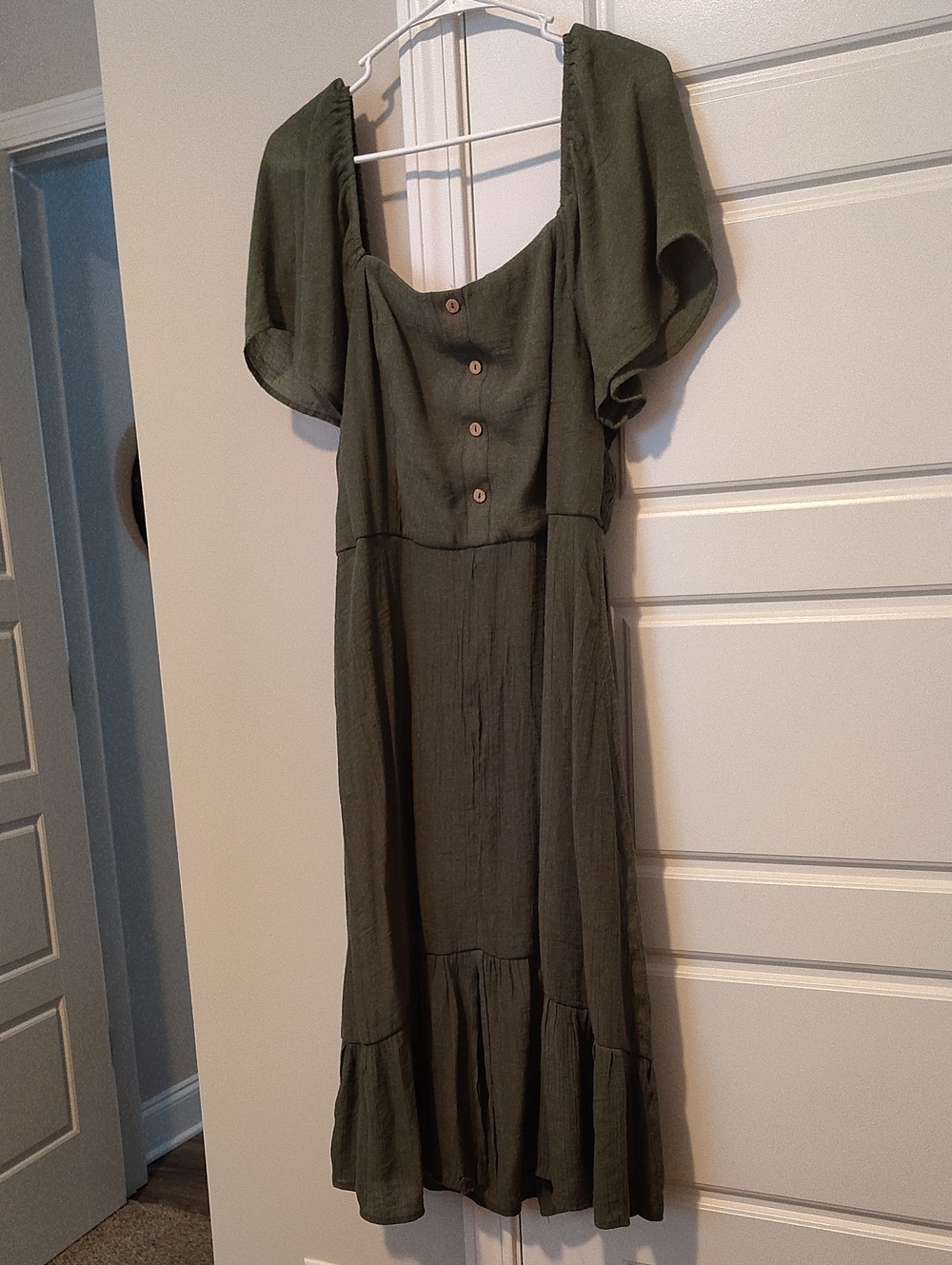 Luxology Olive Green Midi Dress with Puff Sleeves